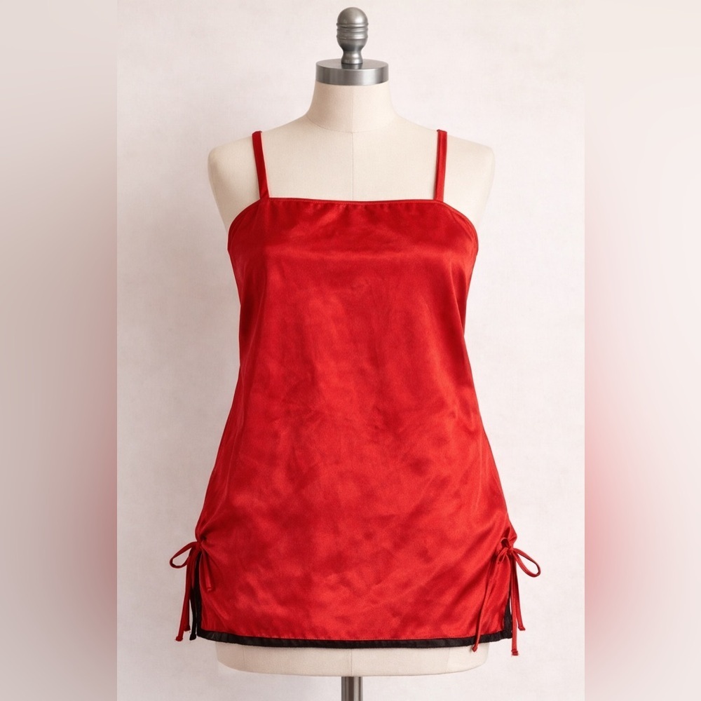 Vintage Red Satin Chemise Nightie Side Ruched Spaghetti Strap Lingerie Y2K